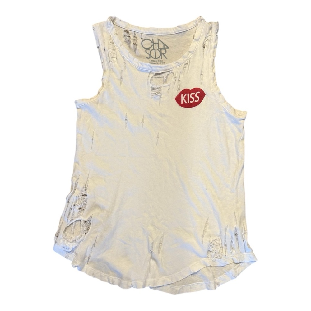Chaser Brand Distressed White Tank Top with Red Kiss Patch